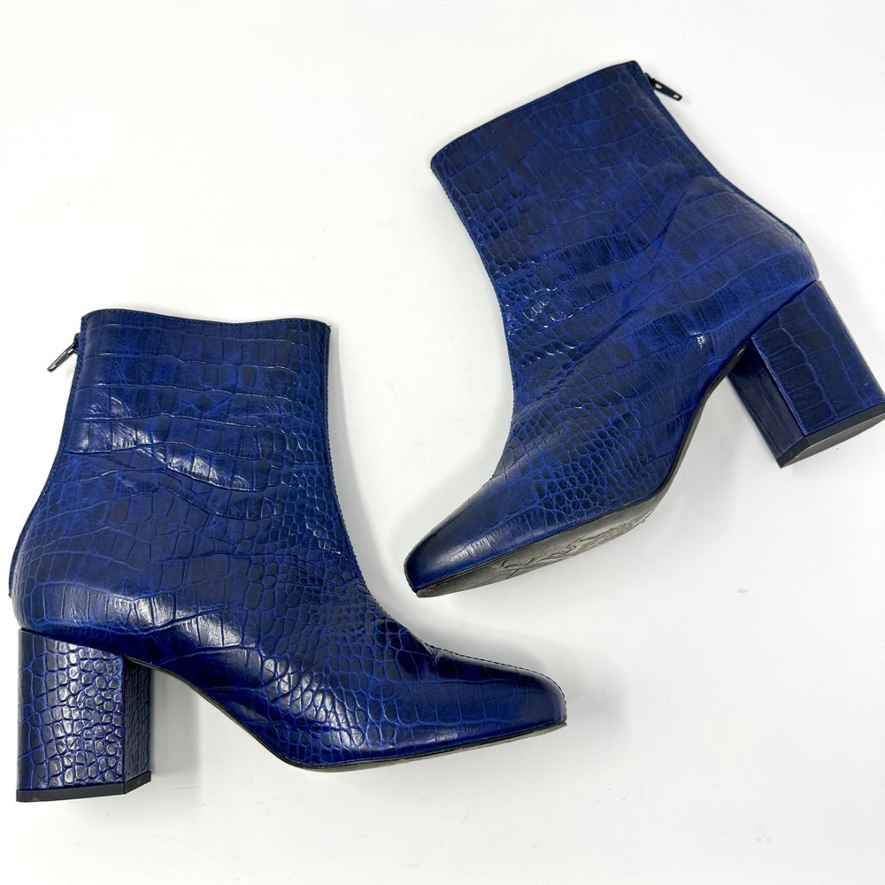 Free People Napoleon Blue Faux Snakeskin Block Heel Retro Boot